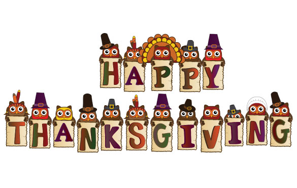 Owls Wearing Pilgrim Hats and Indian Feathers Holding Signs Spelling Happy Thanksgiving