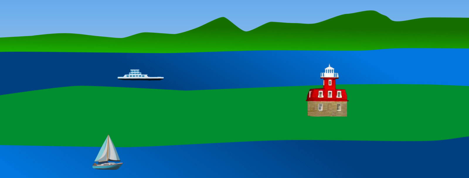 Ferry, Lighthouse, and Sailboat with Mountains