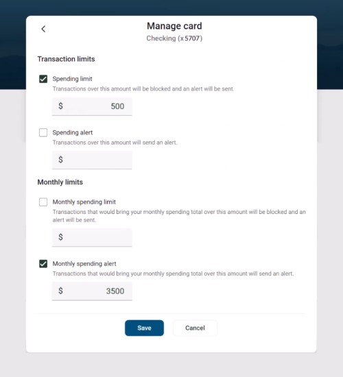 Card Management Screen for Spending Limits